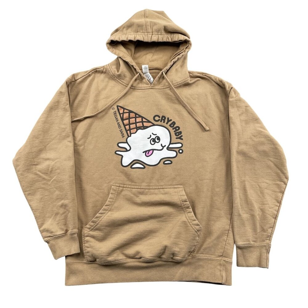 Tegan & Sara Crybaby Hoodie Mens XL Tan Pullover w/ Drawstring Indie Y2K